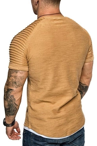 Rear view of men's slim fit T-shirt with textured fabric and pleated shoulder detail