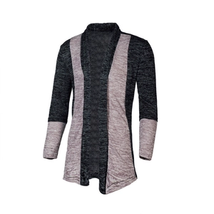 Close-up of men's long sleeve knit cardigan with contrast color block and marled texture