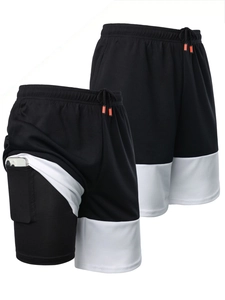 Detail of 2-in-1 running shorts with built-in phone pocket and contrast color design