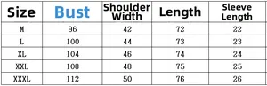 Detailed size chart for men's casual solid color T-shirt with precise measurements