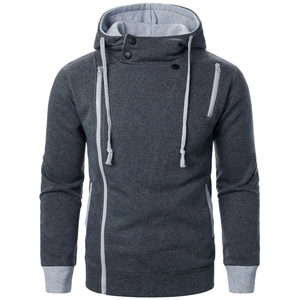 Men's side zipper hoodie in dark grey with light grey contrast cuffs and drawstring
