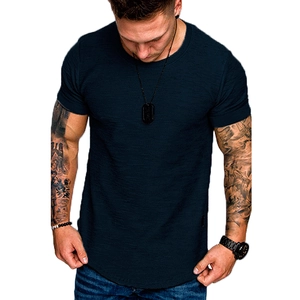 Detail of navy cotton blend T-shirt with textured slub fabric and curved hem design