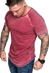 Detail view of washed red fitness t-shirt with ribbed shoulder texture and curved hemline