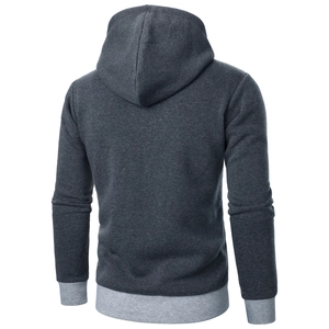 Men's dark grey hooded jacket with light grey ribbed trim and knit texture back view
