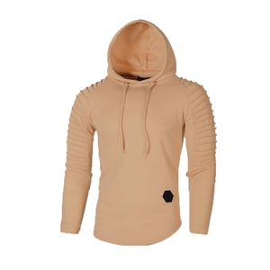 Detailed view of men's apricot hoodie featuring ribbed raglan sleeves and a black hex label