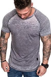 Detail of grey acid wash T-shirt featuring pleated shoulder texture and slim fit design