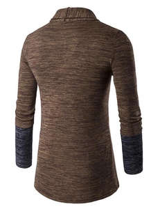 Men's slim-fit knit cardigan in brown textured pattern with dark grey color-blocked cuffs