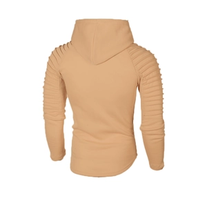 Rear view of khaki slim-fit hoodie featuring pleated raglan sleeves and curved hem detail