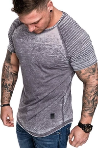 Detail of grey washed men's t-shirt showing pleated shoulder design and muscle fit