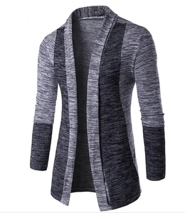Men's open front knit cardigan with grey space-dye pattern and color block stitching