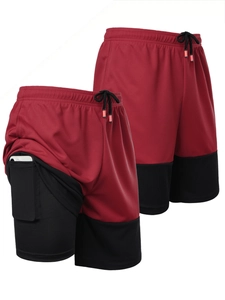 Detail of red 2-in-1 running shorts with inner compression layer and phone pocket