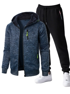 Detail of blue marl hoodie jacket with green zipper accents and side-striped joggers