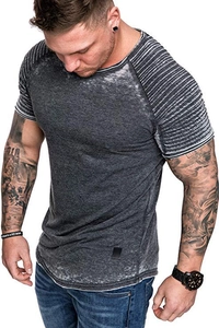 Detail of dark gray acid wash men's slim fit t-shirt with pleated texture on the shoulders