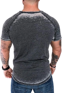 Detail view of grey acid wash T-shirt featuring unique pleated texture on shoulder and sleeves