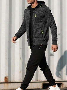 Detail of men's knitted zip-up hoodie set with neon green accents and ribbed texture