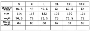 Detailed size chart for men's jacket showing measurements from size S to XXXL