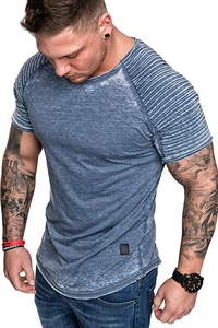 Detail view of men's slim fit T-shirt with acid wash blue finish and ribbed shoulder pleats