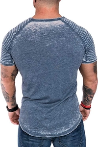 Detailed back view of a men's vintage washed blue T-shirt featuring ribbed raglan sleeves