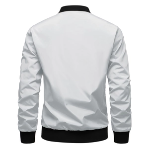 Back view of a white bomber jacket with black ribbed trim and windproof synthetic fabric