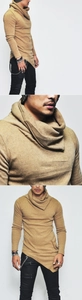Detail of cowl neck and asymmetric hem on ginger knit long sleeve shirt for men