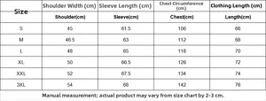 Detailed size chart with shoulder, sleeve, chest and length measurements for winter jacket