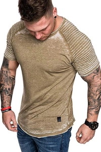 Close-up of acid-washed khaki t-shirt featuring pleated texture on raglan sleeves