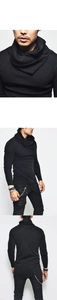 Detail view of men's black slim fit shirt with unique cowl neck and asymmetric hemline