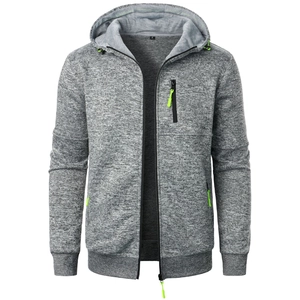 Men's sports fitness hooded jacket in grey jacquard with neon green zipper accents