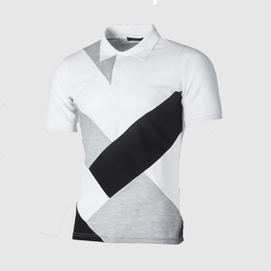 Men's short sleeve polo shirt featuring modern white, grey, and black geometric patchwork