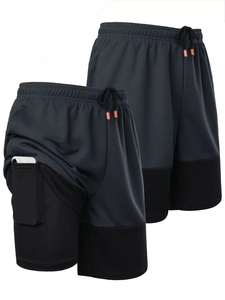 Detail view of 2-in-1 running shorts featuring a mesh outer and built-in phone pocket