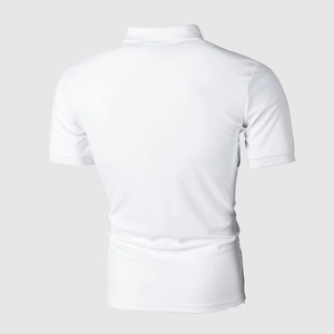 Rear view of white short-sleeved polo shirt with ribbed cuffs and stand-up collar