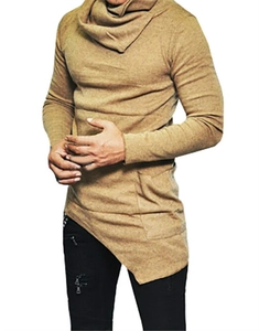 Close-up of men casual cowl neck long sleeve shirt in mustard yellow with asymmetric hem