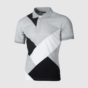Men's patchwork short sleeve polo shirt with gray, black and white geometric design