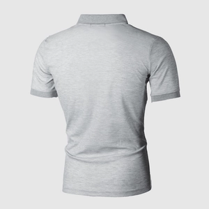 Back view of a slim fit light gray men's short sleeve polo shirt in knitted cotton