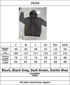 Tableau des tailles détaillé pour sweat-shirt à capuche zippé pour hommes en diverses tailles