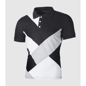 Men's short sleeve Polo shirt featuring modern black, white, and grey geometric patchwork