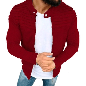 Men's slim fit burgundy zip cardigan with stylish ribbed shoulders and metal buckle collar