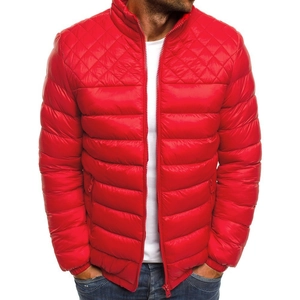 Men's lightweight red quilted winter jacket with stand collar and full zip closure