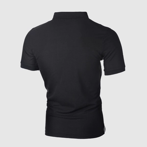 Back view of black slim-fit men's short-sleeved polo shirt with classic collar detail
