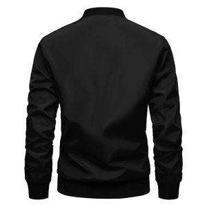 Rear view of black bomber jacket featuring classic ribbed collar and hem detail