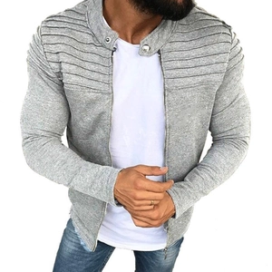 Detail of light grey men's casual cardigan jacket showing parallel pleated stitching