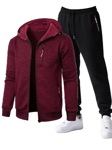 Men's burgundy heather hoodie and black jogger tracksuit set with orange zippers
