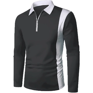 Detail of men's long sleeve polo shirt featuring zipper neckline and black white contrast