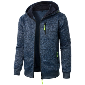 Detailed ghost mannequin view of a men's blue-grey knit hoodie with neon green zipper accents