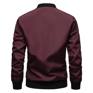 Back view of burgundy men's bomber jacket showing polyester fabric and ribbed knit trims