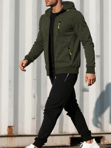 Detail of men's olive knit jacket with neon zipper and sporty drawstring accents