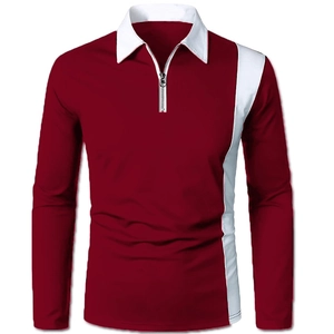 Detail view of the deep red long sleeve polo shirt with white contrast zipper collar