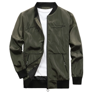 Men's olive green casual bomber jacket with embroidery and ribbed stand collar design
