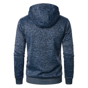 Rear view of men's navy melange knit hoodie featuring ribbed hem and cuffs for fitness