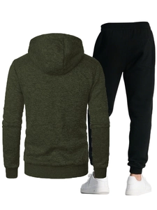 Rear view of men's olive green hooded sweatshirt and black joggers athletic set